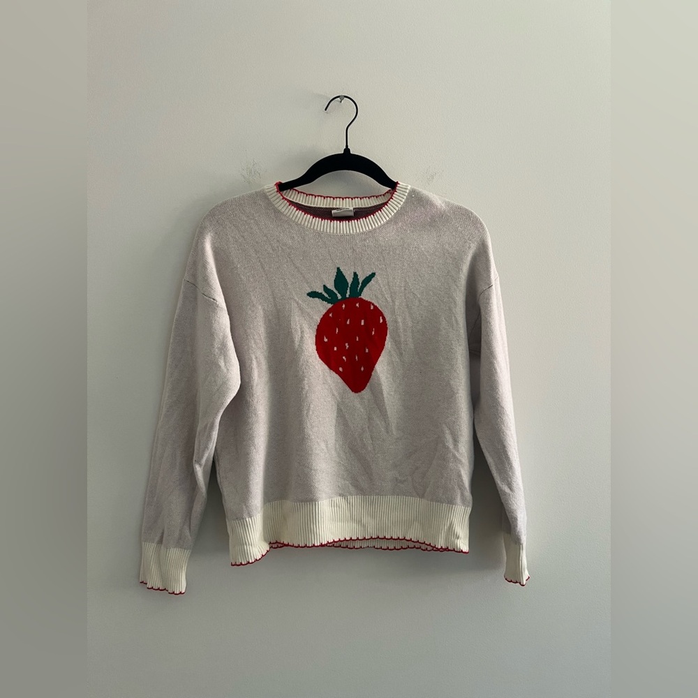 Nikka K Strawberry Knit Sweater Cream Red Trim Women’s Small